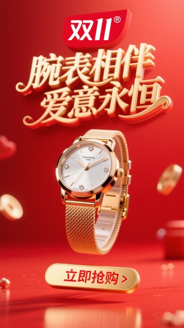 商业摄影风格，比例 16:9。以鲜艳的红色为背景，营造热烈氛围。画面正中央是巨大且优雅的主标题 “腕表相伴 爱意永恒”，采用金色立体艺术字体，笔画粗细变化富有韵律，表面有细腻的光泽质感，像是被柔和灯光预览效果