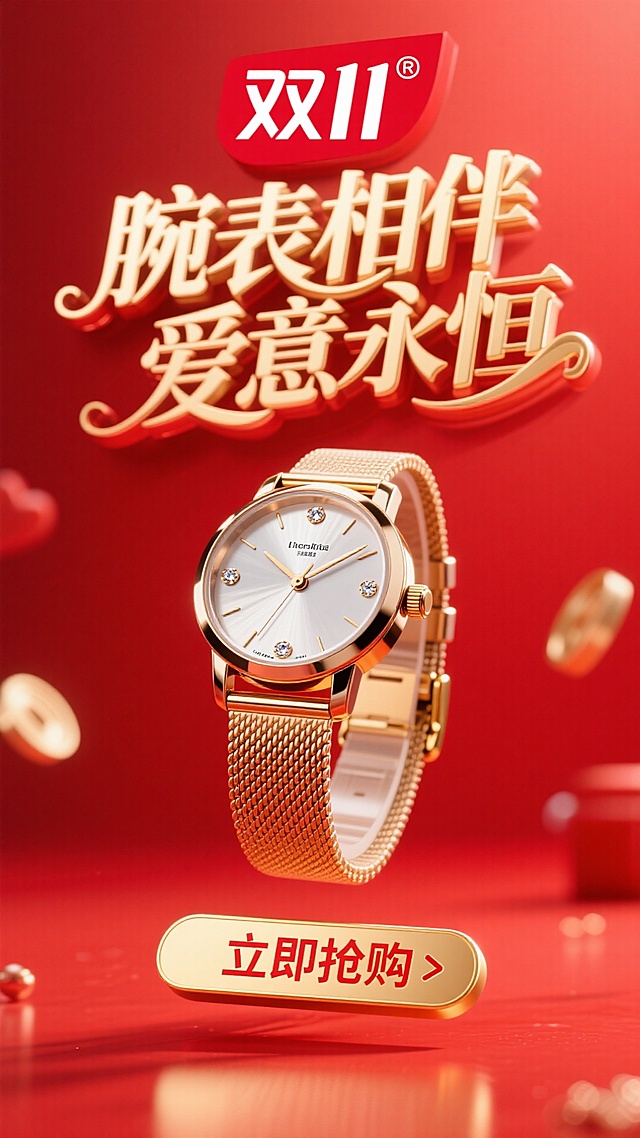 商业摄影风格，比例 16:9。以鲜艳的红色为背景，营造热烈氛围。画面正中央是巨大且优雅的主标题 “腕表相伴 爱意永恒”，采用金色立体艺术字体，笔画粗细变化富有韵律，表面有细腻的光泽质感，像是被柔和灯光照亮，凸显奢华与浪漫。标题上方显著位置为 “双 11” Logo，设计简约现代，以红色与白色为主色调，红色与背景呼应，白色线条勾勒出独特造型，醒目突出。画面核心的手表质感上乘，金属表身散发着冷冽光泽，表盘镶嵌着璀璨宝石，指针精准指向特定时刻，表带纹理清晰，与金色表扣相得益彰。画面底部的 “立即抢购” 按钮为醒目的金色，搭配红色文字，按钮具有强烈的立体效果，仿佛悬浮在背景之上，周围有一圈淡淡的红色光晕，吸引观者注意力，整体画面充满商业促销的活力与魅力。