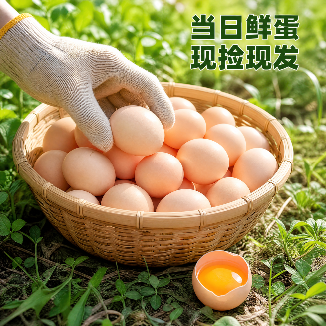 [主图-4] 新鲜度展示，现捡现发场景。
[氛围风格] 生活真实感，突出新鲜当日产出的特点
[画质] 商业摄影质感、光线柔和通透、产品清晰真实、画面干净高级
[元素] 竹篮里装着刚捡的新鲜泰和乌鸡蛋，预览效果