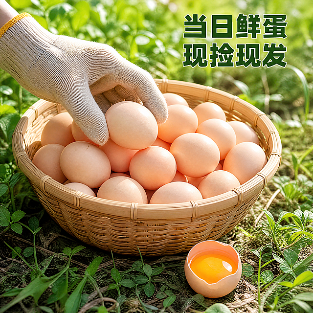 [主图-4] 新鲜度展示，现捡现发场景。
[氛围风格] 生活真实感，突出新鲜当日产出的特点
[画质] 商业摄影质感、光线柔和通透、产品清晰真实、画面干净高级
[元素] 竹篮里装着刚捡的新鲜泰和乌鸡蛋，旁边放着打开的鸡蛋展示蛋黄，背景是林下草地，一只戴棉麻手套的手正要拿起鸡蛋，呈现刚捡拾的动态场景。保持鸡蛋外观（物理结构、材质质感、颜色）与输入产品图绝对一致，杜绝任何变形和色差，精细化处理。商品主体占比严格控制在65%左右；画面满屏无边框。
[光影] 自然晴天侧光，光线明亮通透，手和竹篮形成柔和阴影，整体氛围清新自然
[配色] 竹篮浅棕、草地绿色、鸡蛋米黄，搭配自然和谐
[视角构图] 四分之三侧视角，动态抓拍，空间层次丰富，鸡蛋主体清晰突出
[文字版式] 右上角大字文案"当日鲜蛋 现捡现发"，深绿色粗体，清晰易读，不遮挡鸡蛋主体。
[比例分辨率] 1:1比例，4k分辨率；文字清晰锐利，画面超高清
[负向提示词] 变形，水印，文字错乱，产品图模糊，背景杂乱，极端色差