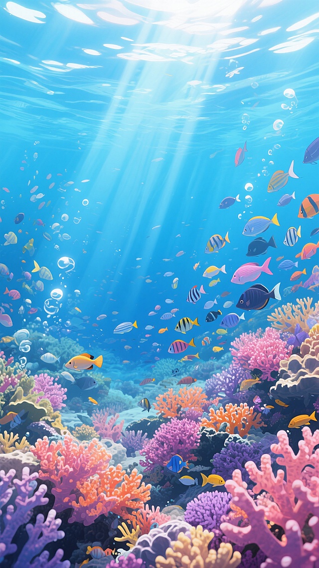 超高清动漫风格水下场景，阳光穿透海面形成强烈的光束效果，蓝色调为主的清澈海水，大量不同种类和大小的彩色鱼群在水中游动，画面下方布满形态各异、色彩鲜艳的珊瑚礁（包括粉色、橙色、紫色、黄色等多种颜色的珊瑚），营造出梦幻、生机勃勃的海洋氛围，整体构图具有深度感和层次感，光线明亮柔和，细节丰富，无文字、二维码及标识元素。