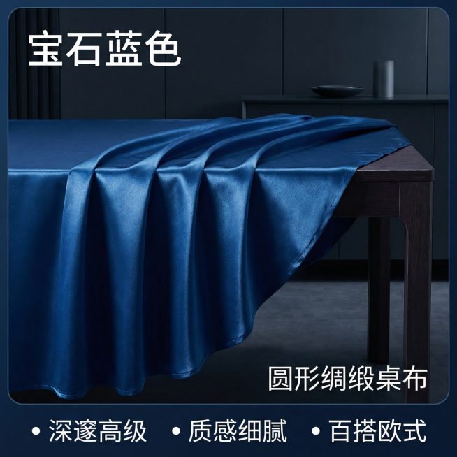 [1:1 SKU图 宝石蓝色圆形绸缎桌布]
[主图主题] 宝石蓝色圆形绸缎桌布
[氛围/风格] 深邃高级，轻奢质感，柔和冷调光影
[画面元素] 圆形餐桌铺设宝石蓝色绸缎桌布，自然垂坠，展示完整圆形形态预览效果