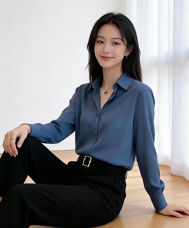 单独生成6张全新图片，每张含同一个模特、同款雾蓝色衬衫，保持原有极简ins风白墙半透白纱帘浅木色地板场景，每张姿势各不相同，且不与之前生成的姿势重复，维持柔和侧方漫射自然光质感，保持原图原始比例