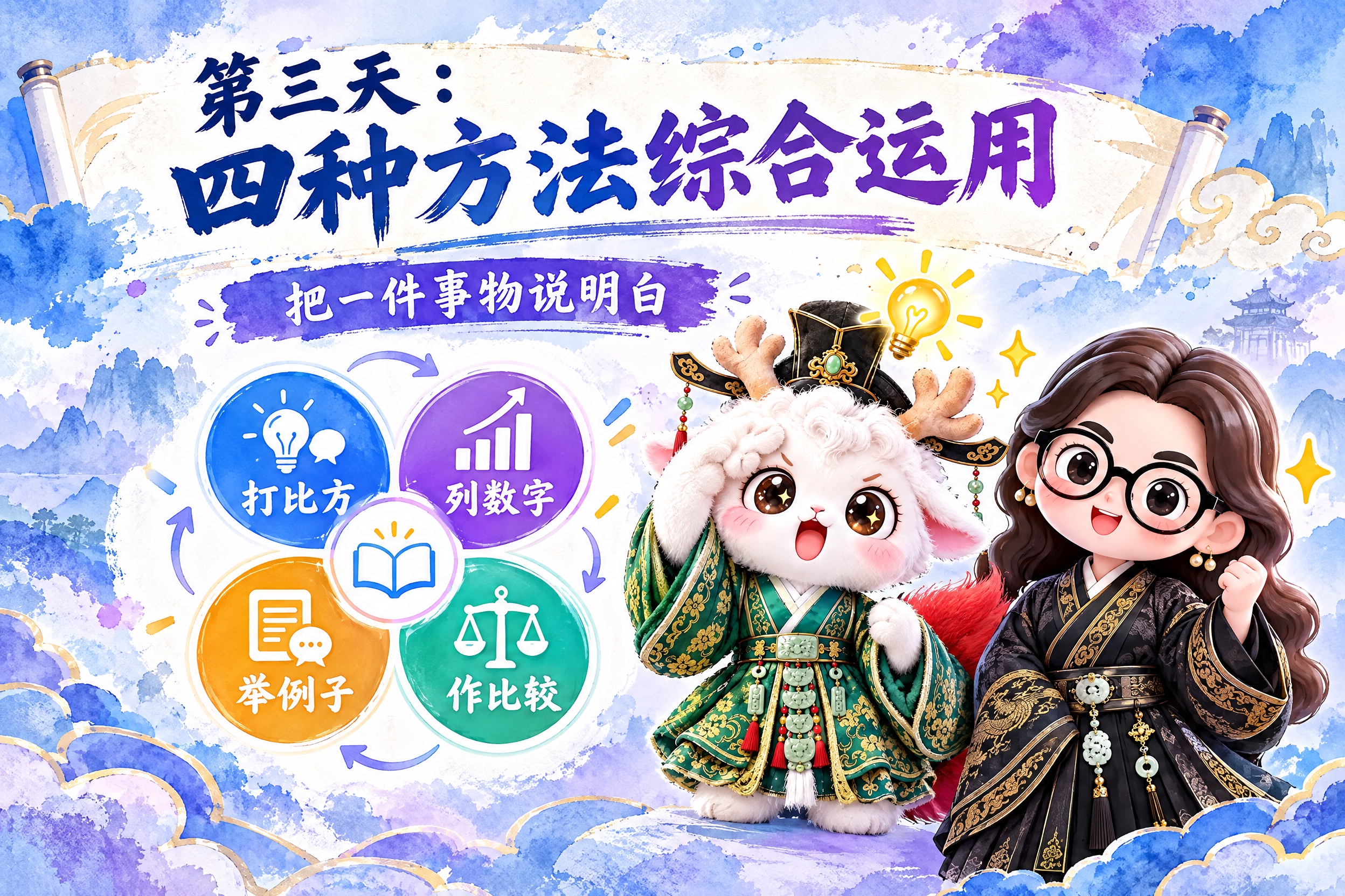 横版6寸比例的课程标题页设计，大标题为"第三天：四种方法综合运… - 图片创意预览