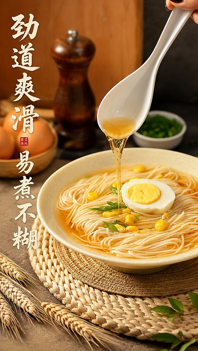 [第5屏] 口感质地展示-煮好的面条劲道爽滑淋汤动作特写。本屏使用【图7】作为成品展示主体。
[氛围/风格] 浓郁食欲感，暖调光影，真实吃面氛围，高清商业摄影质感。
[元素布局] 成品面条占据画面中心，占比约70%，勺子淋汤动作捕捉瞬间，旁边搭配鸡蛋和麦穗装饰，突出面条劲道爽滑质感，保持面条成品自然真实。
[光影质感] 右前方主光，突出汤汁透亮和面条根根分明的质感，阴影柔和。
[配色色系] 全局底色 #E8E2D6；主面米黄，汤汁浅棕，点缀鸡蛋橙黄。
[视角构图] 平视特写构图，视觉焦点在面条和淋汤动作，层次分明。
[文字版式] 左下角主标题「劲道爽滑 易煮不糊」，书法字体竖向排列；文字不遮挡面条主体。
[比例分辨率] 9:16 竖版比例，4K分辨率，文字清晰可辨，高清画质。
[负向提示词] 面条坨在一起，汤汁浑浊，动作变形，文字错乱，水印