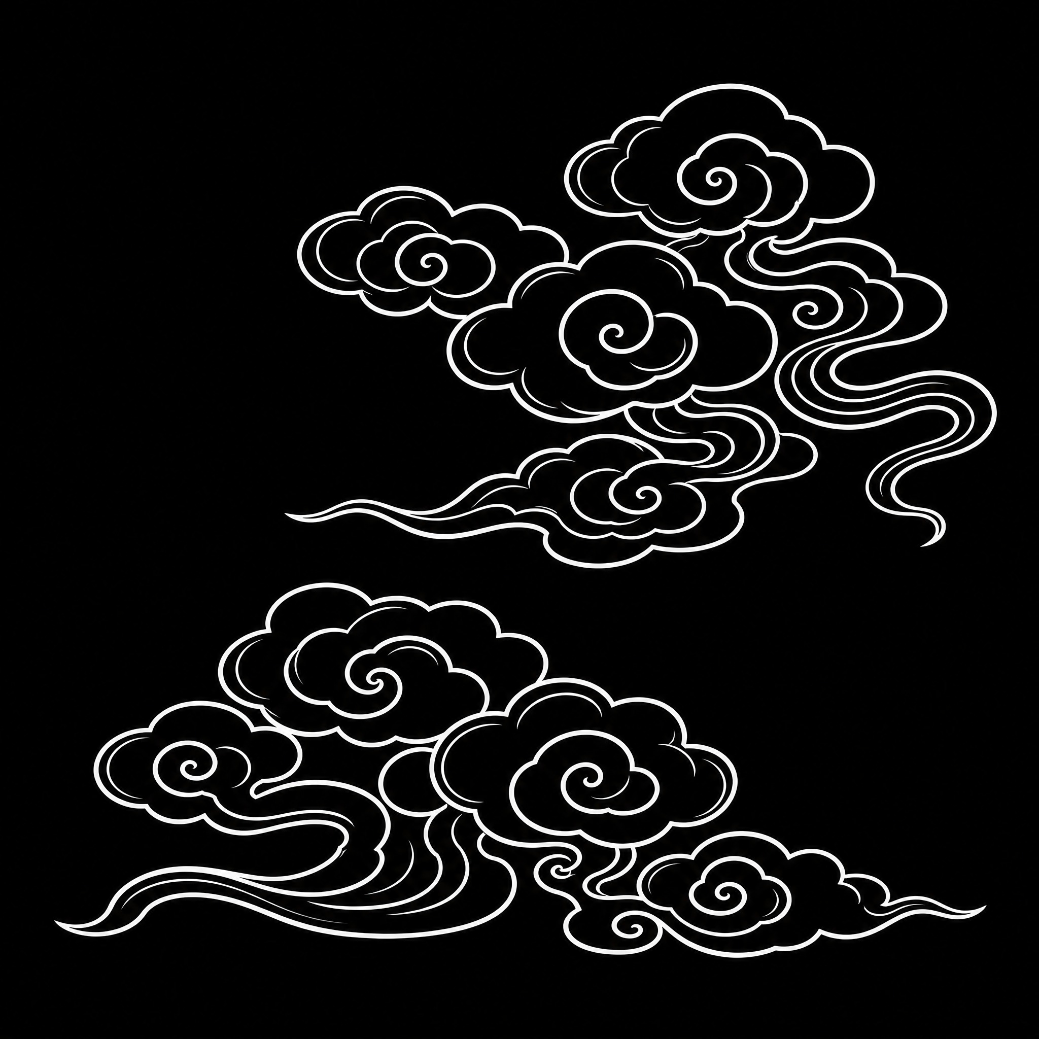 中国传统祥云图案，白色线条勾勒，纯黑色背景，线条流畅优美，云纹… - 图片创意预览