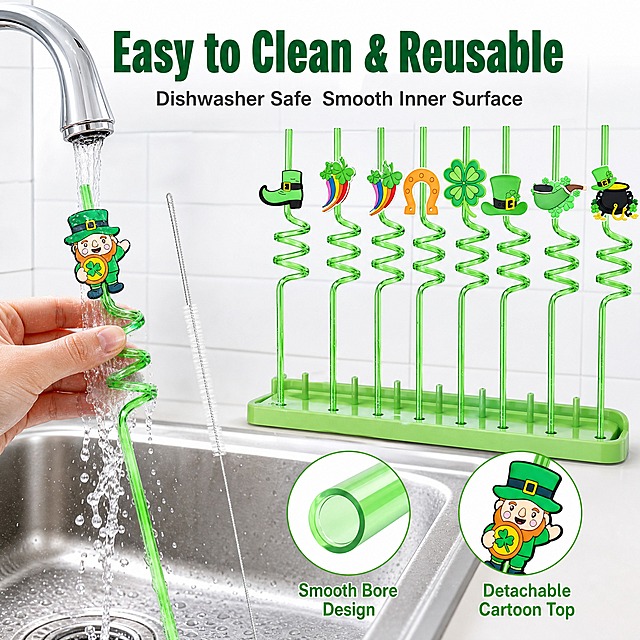 [主图-6] St. Patrick's Day Character Straws 圣帕特里克节公仔吸管 易于清洁细节图。
[统一基调] 圣帕特里克节绿色主题，亚马逊跨境电商信息图风格，整体以清新的浅绿色、白色为主色调，背景为干净的厨房水槽场景，字体使用无衬线粗体英文字体，标题字色为深绿色，辅助文字为深灰色，强调色为鲜绿色，整体风格干净清爽，商业摄影质感。
[画面] 画面主体为厨房水槽场景，展示圣帕特里克节公仔吸管的清洁过程。左侧特写：一支带有小妖精公仔的绿色螺旋吸管正在水龙头下冲洗，水流清澈，旁边放着一支细长的吸管清洁刷。右侧展示：清洗干净的8支吸管整齐地插在绿色的吸管晾干架上，公仔装饰朝上。背景是白色的瓷砖墙面和不锈钢水槽，干净整洁。画面中有放大的细节圆圈，展示吸管内壁光滑无死角、公仔装饰与吸管连接紧密不易藏污纳垢的细节。吸管的外观、颜色、螺旋结构、公仔装饰造型与输入产品图完全一致。
[光影质感] 明亮的厨房灯光，光线均匀柔和，产品表面有水珠的光泽感，金属水槽有自然反光，整体画面干净通透，商业摄影质感。
[配色] 主色调为白色和浅绿色，点缀深绿色和不锈钢银色，整体色调清新干净，突出清洁主题。
[文字版式] 画面顶部有深绿色粗体大标题"Easy to Clean & Reusable"，下方深灰色小字"Dishwasher Safe  Smooth Inner Surface"，细节圆圈旁有鲜绿色小字标注"Smooth Bore Design"和"Detachable Cartoon Top"，文字放在负空间，不遮挡产品主体。
[输出要求] 1:1比例，2048x2048像素，产品清晰，文字清晰可读，无水印，无平台Logo，无中文文字，产品不变形，水珠质感真实，清洁场景自然。