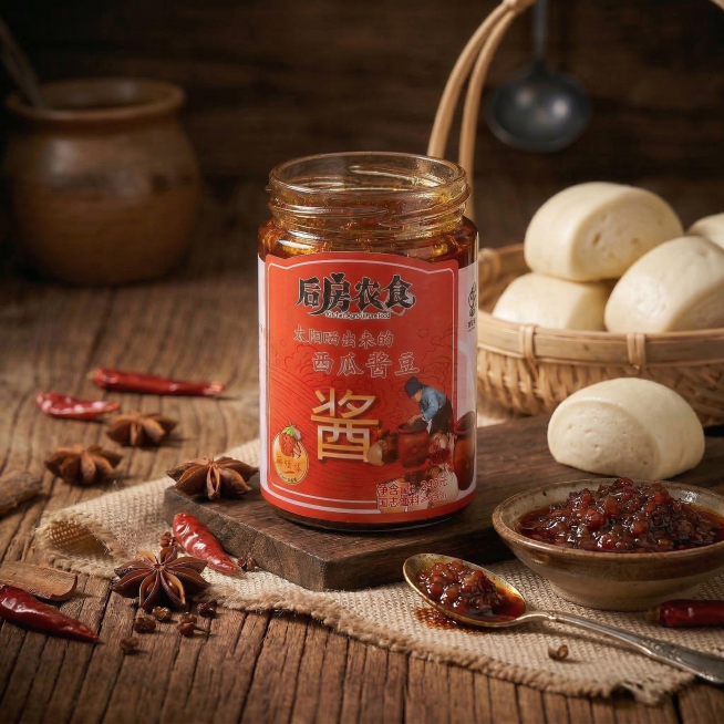 以优化后的场景为基础，瓶身标签所有文字和细节完全保留，酱体质感保持深褐色油亮颗粒状，调整道具（香料、辣椒、木勺、瓷碗、馒头篮）的摆放位置、数量和角度，改变产品放置角度和周围光影细节，暖调侧光暗调氛围保预览效果