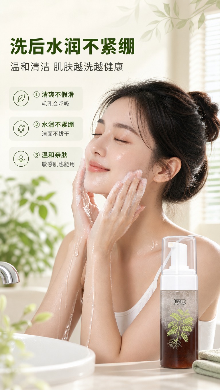 [商品] 使用【图1】悦植说草本养肤洁面慕斯瓶装；保留透明瓶身… - 图片创意预览