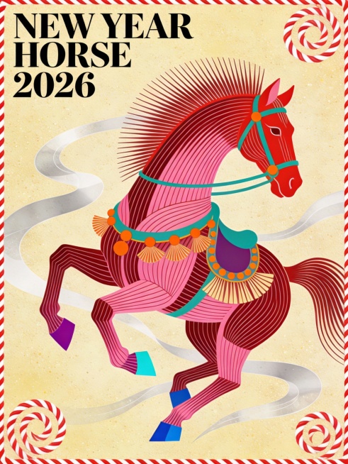 画面左上角严谨排版着醒目的黑色英文衬线字体“NEW YEAR”（第一行）、“HORSE”（第二行）及数字“2026”（第三行），字体设计具有优雅的复古衬线风格，笔画粗细对比强烈。画面视觉主体是一匹正预览效果
