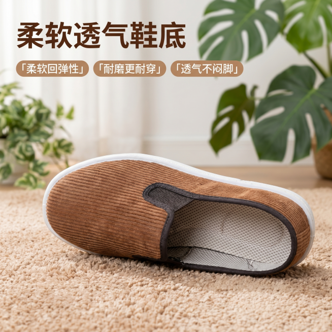 [主图 2] 单布鞋透气鞋底细节展示图；[氛围风格] 温馨舒适家居治愈风，自然生活化氛围；[画质] 商业摄影质感，光线柔和通透，产品清晰真实，画面干净高级；[元素] 特写展示单布鞋的鞋底和鞋面内侧，一预览效果