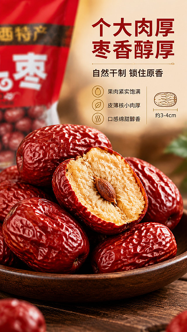 [商品] 使用【图2】中透明可视窗内的干红枣作参考；保留暗红色、表皮褶皱、饱满椭圆形、果核小等真实形态特征；本页以红枣内容物为主体，包装袋作辅助。
[画面] 页面目标：口感与质地特写，突出个大肉厚、枣香醇厚。质地微距型，中心构图；画面主体为3-5颗饱满干红枣特写，其中1颗被掰开，展示厚实果肉与小果核，红枣占画面约50%；红枣放置在深色木质食器托盘上，托盘占画面约30%；背景虚化，隐约可见红色包装袋一角；微距镜头，景深较浅，突出红枣表皮褶皱质感与果肉纤维细节。
[视觉] 套系策略：风格=传统地道风味+现代国潮食养风格，温润质朴且喜庆；标题字=思源黑体 Bold；正文字=思源黑体 Regular；主色=#C8161D（特产喜庆正红）；背景延展=深棕色木质托盘纹理 + 暖调虚化背景，做深浅明暗层级；强调色=#DAA520（品质香槟金），仅用于小面积图标、引线、装饰线条；标题色=#C8161D；正文色=#3E1E14（古朴深棕）；组件=国风线性细线图标、尺寸标注线；光影=侧前暖光，勾勒红枣褶皱立体感与果肉质感，形成明暗对比。
[文字] 右上区域排布文案；主标题：个大肉厚 枣香醇厚（8字，思源黑体Bold，#C8161D，最大字号）；副标题：自然干制 锁住原香（8字，思源黑体Regular，#3E1E14，中字号）；正文三行：果肉紧实饱满｜皮薄核小肉厚｜口感绵甜醇香（每行短词，思源黑体Regular，#3E1E14，小字号，配国风线性小图标）；旁边加尺寸参考线标注约3-4cm长度示意；所有文字横向排版，不遮挡红枣主体特写。
[规格] 图片比例9:16竖版，4K分辨率，负向提示：避免变形、错字、文字过小、冷蓝/蓝灰背景、红枣颜色失真、果肉质感不真实、竖排文字、斜排文字。