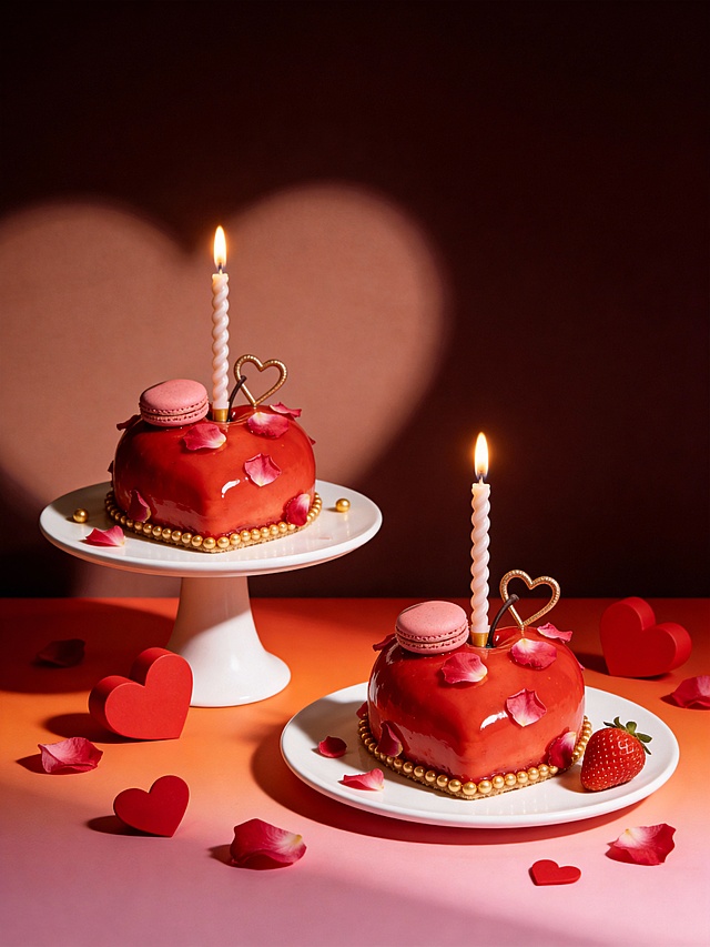 温馨氛围感商业美食摄影风格，画面以深邃暖棕为背景底色，搭配渐变粉橙的桌面，整体色调温暖浓郁且富有层次。

采用平视略俯视的视角，两个主体分别置于画面左上和右下的白色圆盘之上，其中一个主体放在高脚蛋糕架上，另一个放在平盘上，呈自然直立角度，大小适中且错落有致。
主体占画面比例30%，主体上装饰有点燃的螺旋蜡烛、爱心造型装饰与金色糖珠，周围散落红色立体爱心道具、玫瑰花瓣、一颗草莓。

背景运用光影投射出柔和的爱心形光笼罩主体，采用侧逆光结合局部补光，营造出明暗对比强烈的戏剧感，主体与浪漫温馨的场景融为一体，充满甜蜜仪式感。