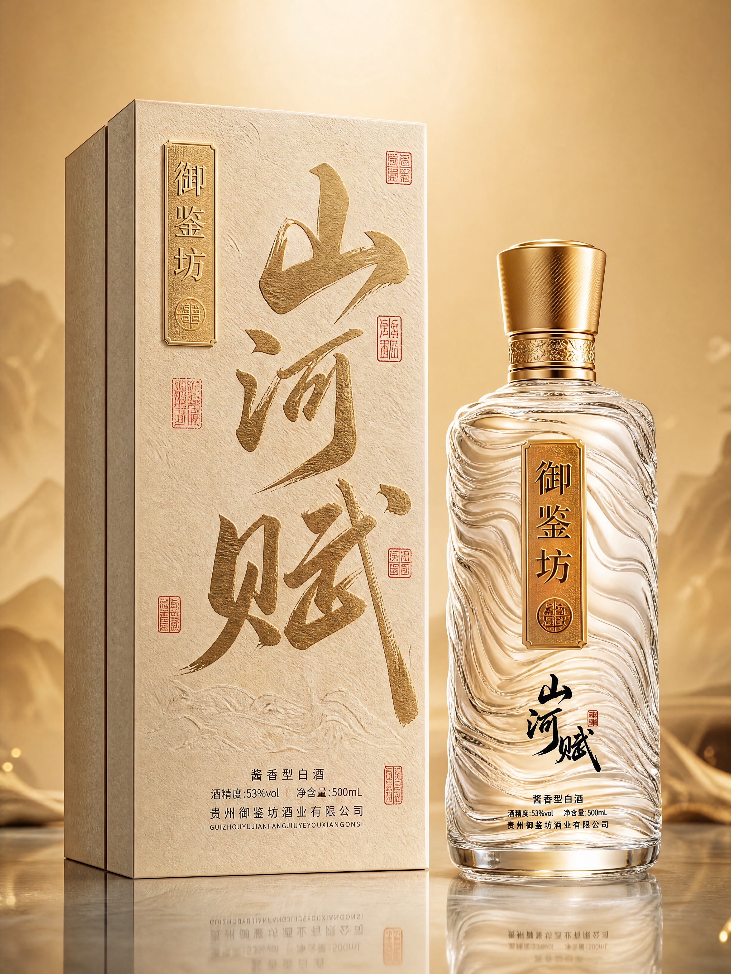 高端白酒包装效果图，新中式轻奢风格，香槟金色调。左侧是一个竖长… - 图片创意预览