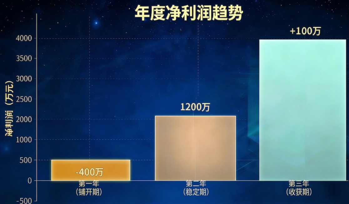 删除右下角的"豆包AI生成"文字，同时将"第一年（铺开期）"、"第二年（稳定期）"、"第三年（收获期）"这三组文字整体向下移动，保留所有其他图表内容、背景不变预览效果