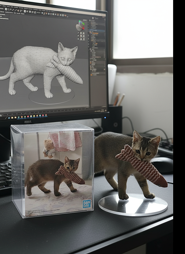 将这个图片制作成一个商业化1/7比例手办，风格写实，环境逼真。手办放置在电脑桌上，配有一个圆形透明亚克力底座，底座上没有文字。电脑屏幕上显示着手办的Zbrush建模过程。电脑屏幕旁边是一个万代风格的透明玩具盒，上面印有原始画作。