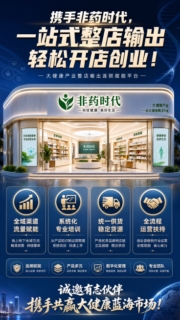携手非药时代，一站式整店输出轻松开店创业！ 四大核心实力全方位护航门店发展，全域渠道流量精准赋能，持续为门店输送客源；系统化专业技术手把手培训，零基础也能快速上手从业；全套调理工具与高品质产品统一供货预览效果