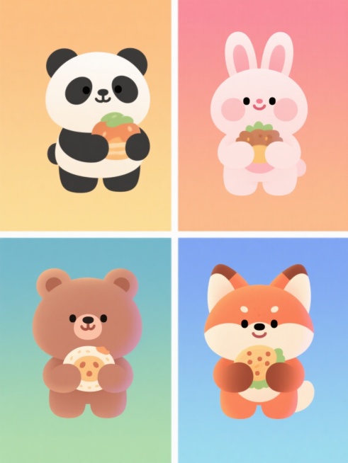 系列卡通动物插画，4个不同动物角色（熊猫、兔子、小熊、狐狸），每个角色怀抱其标志性食物，统一采用圆润可爱的Q版动漫风格，柔和渐变色彩，简洁纯色背景（每个角色背景色不同），平面设计感，线条流畅，阴影柔和，表情温馨治愈，规整网格排布，适合儿童或萌系主题素材集合，无文字元素。预览效果