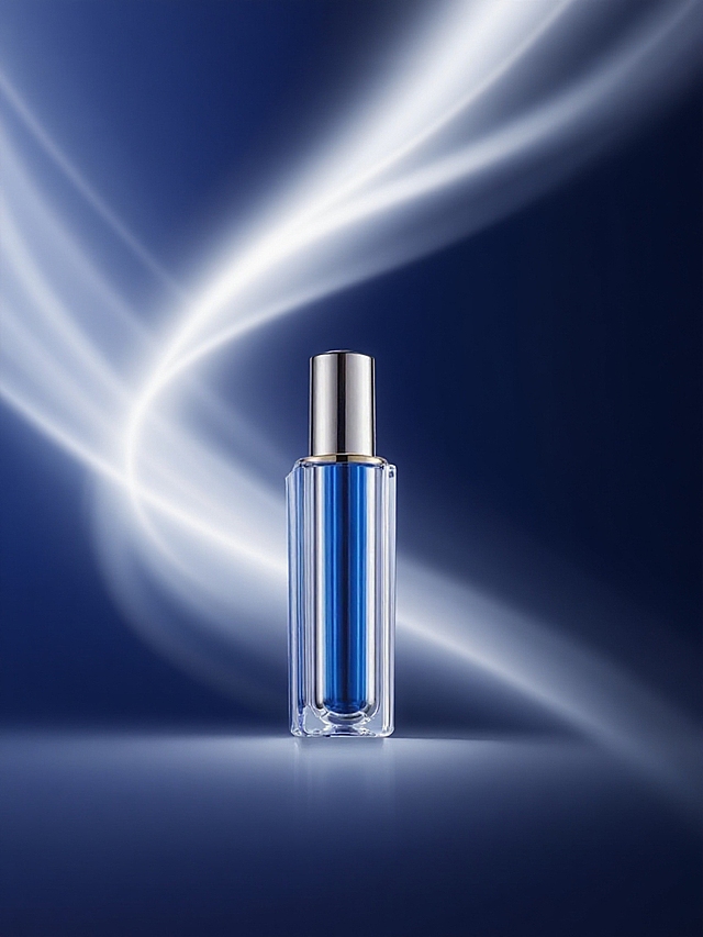 极简抽象流体光效背景，深蓝色底色，添加柔和白色光带，模仿流体丝绸形态，营造静谧优雅、流动空灵氛围，光带带渐变模糊效果