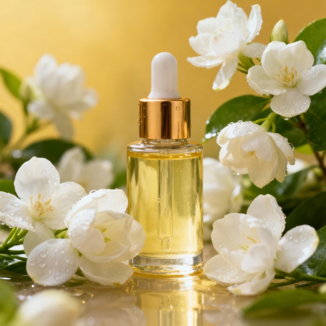 将茉莉花与产品“姜暖茉莉身体精油”相结合，生成一个图片预览效果