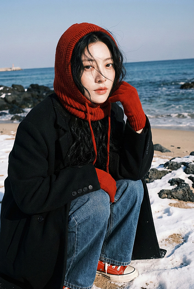生成4张2:3比例照片，保持人物长相百分之百不变，人物动作、取景和角度丰富（取景涵盖半身、全身、脸部近景、脸部特写）。 风格：日系富士胶片风的人像写真，采用富士NC胶片滤镜，冷色调。 场景：冬天晴天下午时刻的大海边，有沙滩，有一点礁石，有一些积雪在沙滩上和礁石上。 人物造型：黑色凌乱长卷发（部分发丝扬在脸上，部分照片微光打在飘起的发丝上），头上戴着红色针织帽（一体式针织连帽，帽身包裹头部）。手上戴着红色手套。身穿黑色长款宽松呢子外套，宽松牛仔阔腿裤，红色帆布鞋。 妆容：皮肤通透且脸上有淡妆，唇釉，有细腻的胶片颗粒感。
