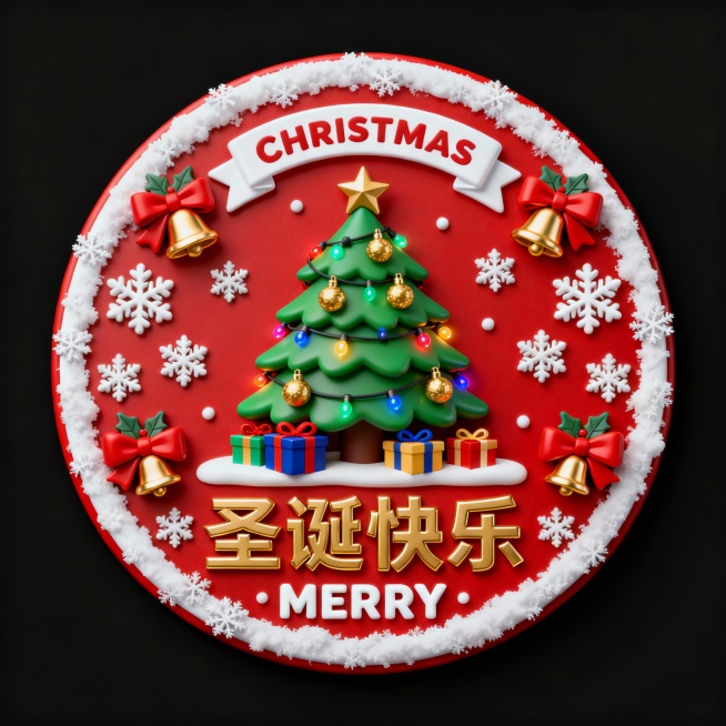 一个圆形徽章设计，主体为红色背景，白色雪花边框。徽章顶部有一个白色的标签，上面写着“CHRISTMAS”。徽章中央是一棵绿色的圣诞树，树上挂满了金色的装饰品和彩色的灯泡，树下放着几个彩色的礼物盒。徽章预览效果