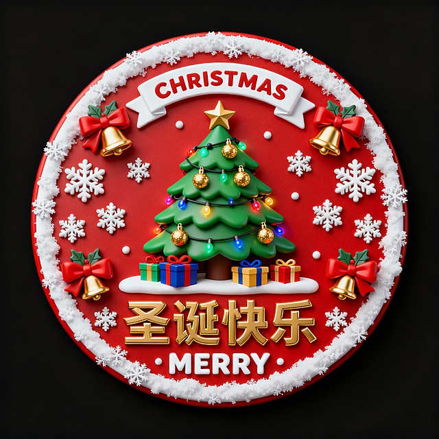 3D浮雕风圣诞徽章，鎏金文字与重拟物装饰营造浓厚喜庆感，红白配色呼应节日主题，细节精致，视觉立体。