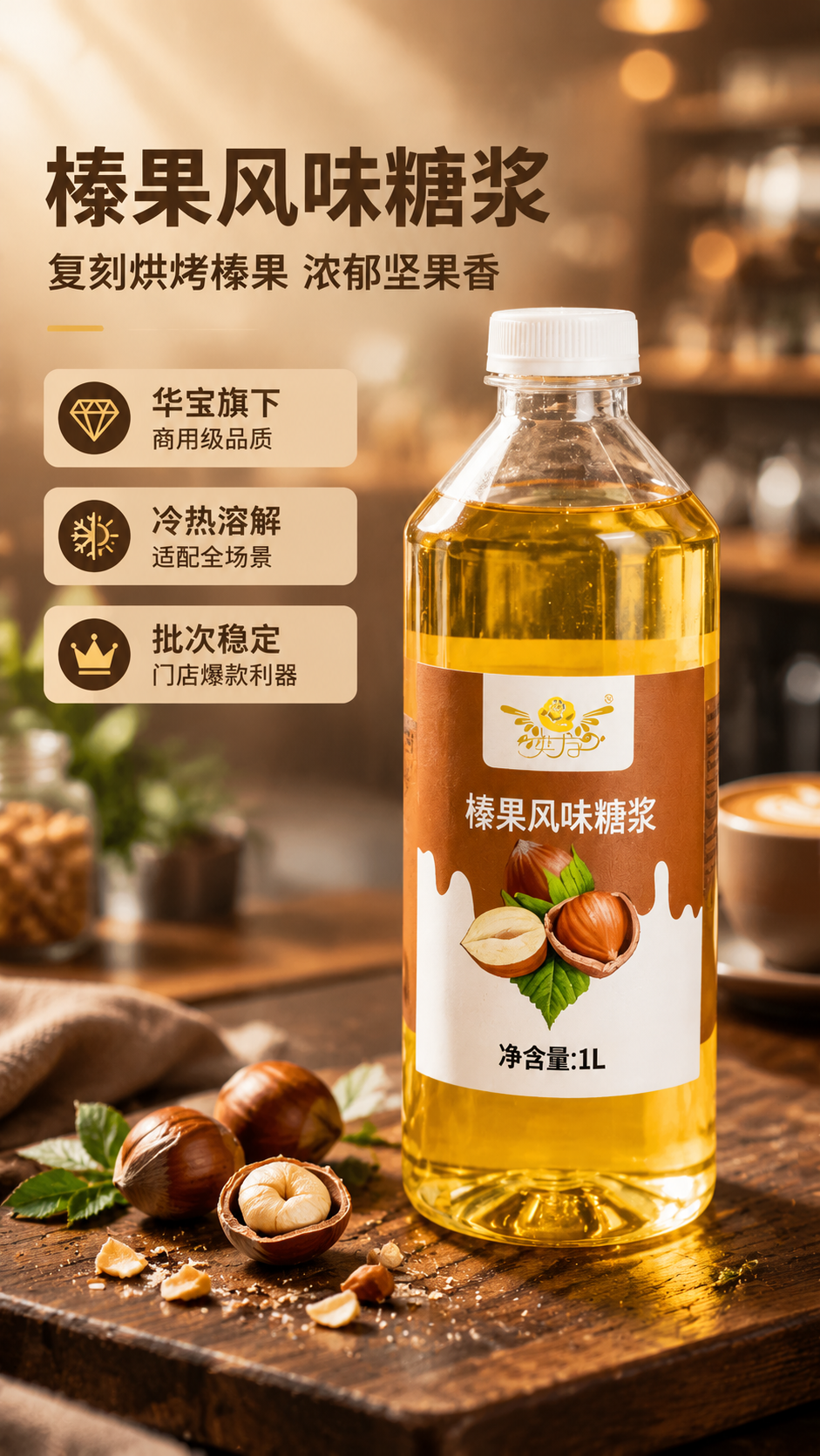 [商品] 使用【图1】奕方榛果风味糖浆1L装；保留透明瓶身、金… - 图片创意预览