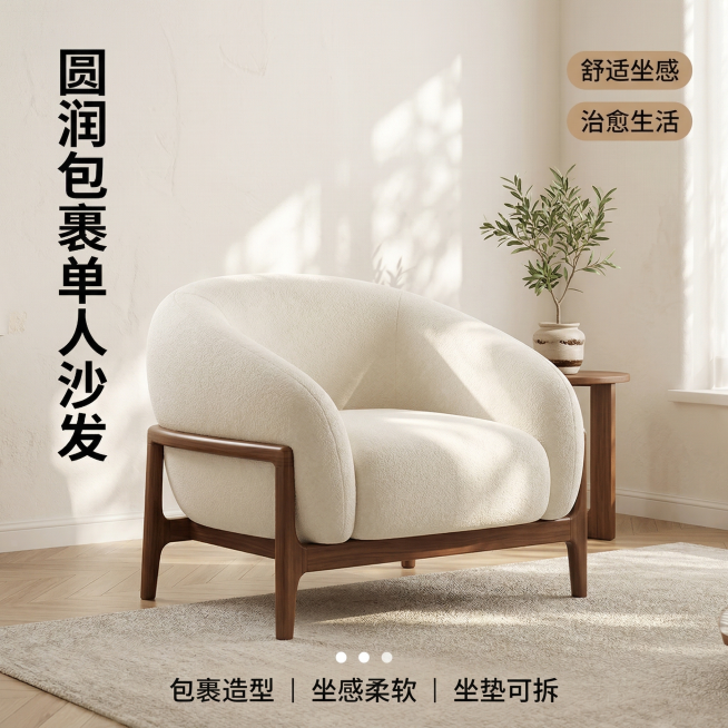 [主图1 空间场景氛围] 单人沙发主图，保留原图胡桃木木质框架，产品外观和原图100%一致。风格为舒适简约，家居治愈。氛围：温馨居家生活感，温馨暖调自然光，午后慵懒光斑。画面元素：圆润包裹式造型单人沙预览效果