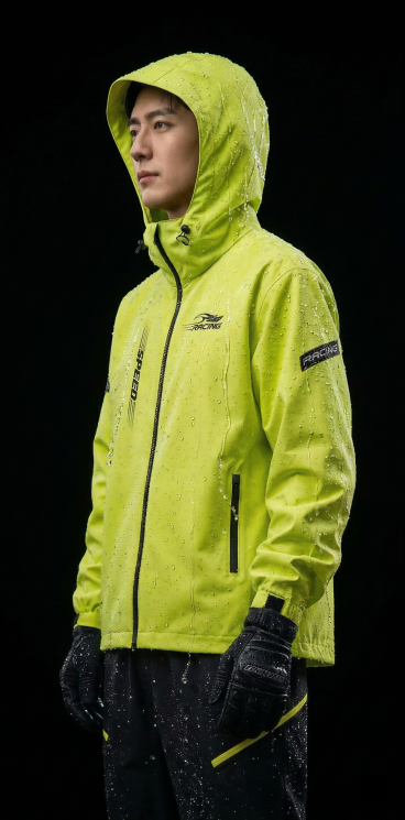 保持模特人物姿态不变，保持衣服上的SPEED RACING Logo原样不变。在荧光黄绿色雨衣表面添加圆润晶莹的水珠凝结效果，部分水珠快速滚落，体现产品防水性能，保留模特肢体。背景修改为纯黑色，商业棚预览效果
