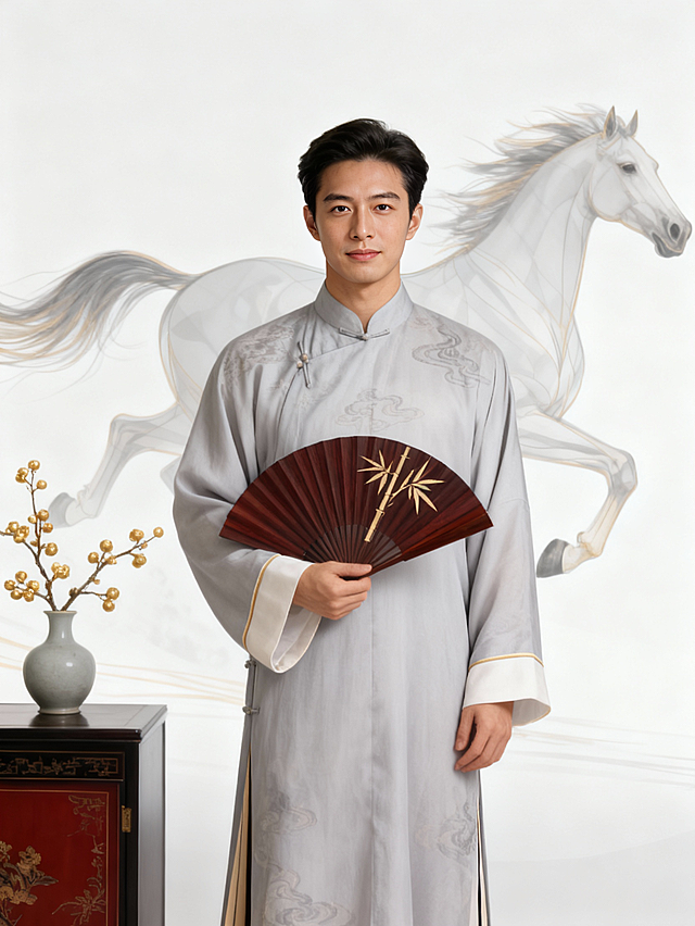 水墨风晕染骏马，工笔细腻勾勒衣纹，国潮风中式长衫搭配竹影折扇，古典雅致中透出文艺气息，刺绣浮雕纹理尽显东方美学。