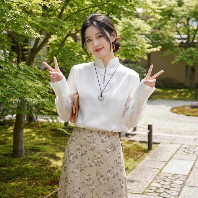 同一个20-25岁长相甜美的年轻东亚女生，全身照，展示图中的这件白色立领水滴扣上衣，搭配米白色碎花半身裙，上衣不塞下装。女生留低丸子头，用木质发簪固定，几缕碎发修饰脸颊，佩戴木质耳坠、和田玉平安扣项链预览效果