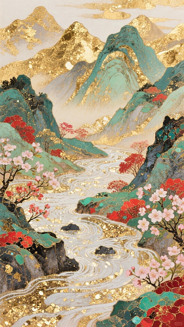 工笔细腻勾勒山水，岩彩与鎏金交织，展现古典中式美学。溪流蜿蜒，花树繁盛，唯美感与奢华感交融，尽显文艺雅韵。