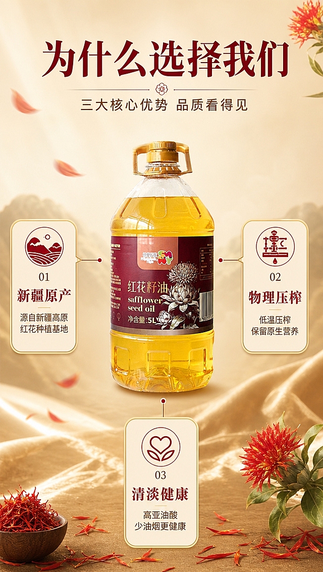 [商品] 使用【图1】神秘尼雅新疆红花籽油5L装；保留瓶身、标签、油液颜色与整体结构；商品处理：保留原貌，居中展示。
[画面] 目标：卖点拆解，3大核心理由清晰呈现。构图：产品瓶身居中，占画面约45%，正面展示；从瓶身上下左右引出3条金色细线，分别连接3个圆角信息卡，分别对应3大核心卖点；背景为暖米色渐变底，点缀红花花瓣装饰元素；整体为中心引线型版式，信息层级清晰。
[视觉] 套系策略：风格=国内高端粮油商业摄影+产地氛围感；标题字=大气宋体粗体；正文字=简洁无衬线体；主色=酒红+暖金；背景延展=基于酒红与暖金做深浅层级、渐变光晕、细腻纸张/丝绸质感；强调色=朱砂红，仅用于小面积图标、引线和标签；标题色=深酒红/烫金色；正文色=暖棕灰；组件=圆角金边线信息卡、细线引线、红花装饰元素；光影=均匀柔光，产品正面清晰，标签文字可读。
[文字] 顶部主标题「为什么选择我们」，副标题「三大核心优势 品质看得见」；3个卖点卡片：①新疆原产——源自新疆高原红花种植基地；②物理压榨——低温压榨保留原生营养；③清淡健康——高亚油酸 少油烟更健康；每个卡片配小图标；所有文字横排。
[规格] 图片比例9:16竖版，4K分辨率，负向提示：避免产品变形、错字、文字竖排、医疗功效、极限词。