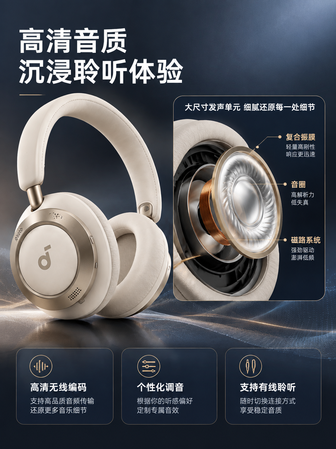 [商品] 使用【图1】奶白轻奢主动降噪头戴式蓝牙耳机；保留全部… - 图片创意预览