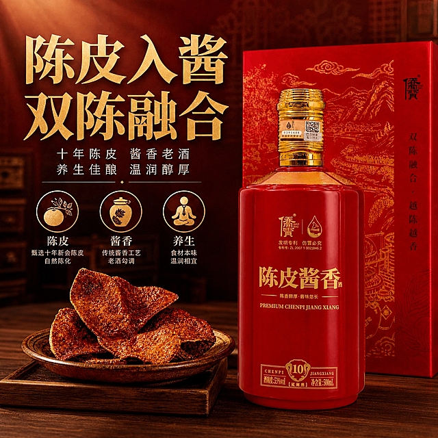 移除图中木制桌面上除了木制托盘和上面的陈皮、酒瓶和酒盒以外所有的物品（包括红枣、枸杞、参类、中药材、竹简等全部杂物），使木制桌面干净整洁，保留所有标题和文字内容不变，整体风格和光线保持一致，画面自然真实