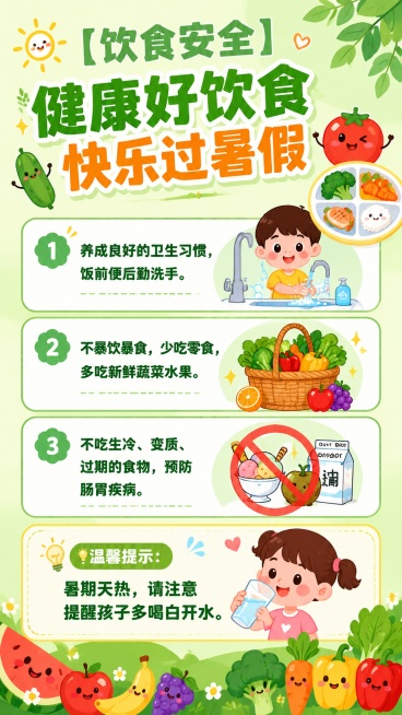 幼儿园饮食安全宣传海报，风格轻快可爱卡通，标题"【饮食安全】健康好饮食 快乐过暑假"，包含三条安全提示和温馨提示，背景浅绿色清新风格，搭配卡通蔬菜水果和餐盘图案，文案："养成良好的卫生习惯，饭前便后勤预览效果