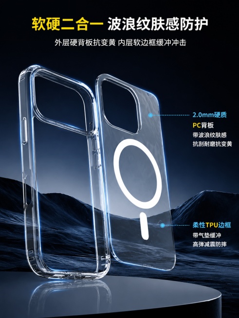 [第4屏] 核心技术解析-波浪纹肤感二合一复合结构原理。本屏使用【图4】拆分展示产品结构。
[氛围/风格] 工业科技风，深色渐变山纹背景，线条标注清晰，专业通透。
[元素布局] 顶部大标题，中部产品拆预览效果