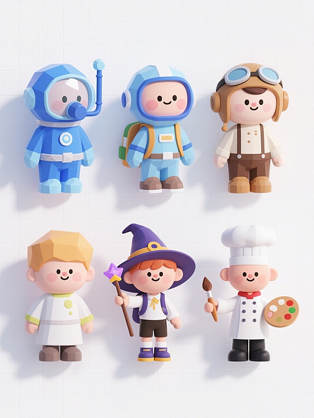 白色背景，六个不同元素的3D卡通角色集合，保持与原宇航员相同的低多边形可爱风格、圆润造型和明亮色彩搭配。元素类目包括：穿着蓝色潜水服的卡通潜水员、戴着飞行员头盔的可爱飞行员、背着书包的卡通学生、手持魔法棒的小巫师、穿着厨师服的厨师和拿着画笔的艺术家。所有角色采用规整的网格排布，每个角色姿态各异但风格统一，具有光滑的材质、柔和的阴影和高光效果，整体画面简洁明快，充满童趣。