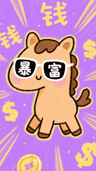 一只描边的Q版卡通金钱马正面（棕色），，带着白色镜框的墨镜，镜片上分别写着"暴"和"富"两个白色字。紫色背景（带有放射线），金黄色的“钱”字洒落在紫
色的背景上预览效果