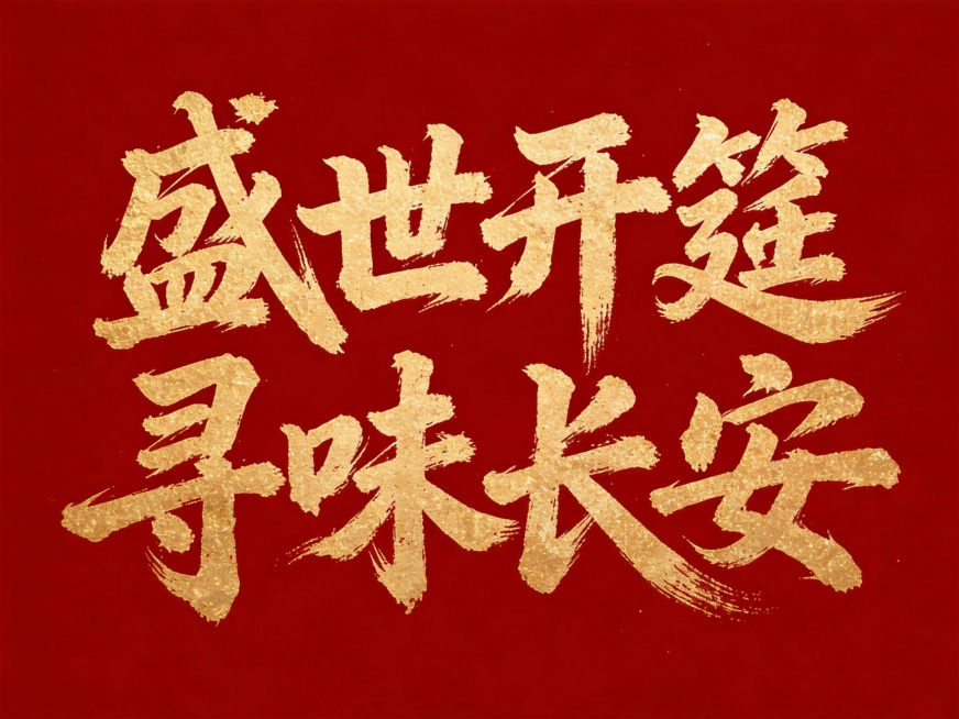 干净的纯深红色背景。平面艺术字体设计，八个字"盛世开筵 寻味长安"，所有文字单行横向排列，狂草书法风格，笔势狂野奔放大气磅礴，飞白枯笔技法，带有斑驳粗糙的书法质感，烫金色浮雕金漆材质，保留自然飞白纹理预览效果