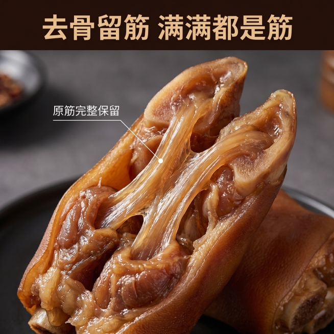[主图 2] 去骨留筋牛蹄细节展示
[氛围/风格] 真实生鲜质感，食欲感突出
[画面元素] 商业摄影质感，光线柔和通透、产品清晰真实、画面干净高级。整体加深颜色，放大特写展示牛蹄剖面，重点凸显完整饱满预览效果