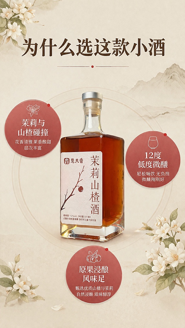 [第7屏] 详情页核心卖点拆解屏-茉莉山楂酒三大核心理由展示。本屏使用【图1】作为中心产品主体。
[氛围/风格] 清晰信息排版，简洁雅致中式风，商业排版质感
[元素布局] 产品放置在画面中心，占比约45%，周围三个圆形区域分别标注三个核心卖点，每个卖点配小图标；瓶身结构、标签文字、颜色与输入产品图保持一致
[光影质感] 均匀柔光照明，整体明亮干净，产品和卖点信息都清晰可见
[配色色系] 全局底色 #F8F5F0，主色浅米底色，辅助色深棕色文字，浅红色圆形点缀
[视角构图] 中心构图，产品+环形卖点排版，阅读动线从上到下，从中心到四周
[文字版式] 顶部居中主标题「为什么选这款小酒」，中心产品周围三个卖点分别是：「茉莉与山楂碰撞」「12度低度微醺」「原果浸酿风味足」，每个卖点配浅红色圆形底衬，文字用白色，采用与首屏一致温润宋体，文字清晰层级分明
[比例分辨率] 9:16 竖版比例，4K分辨率，文字清晰可辨，高清画质
[负向提示词] 瓶身变形，缺件错件，颜色偏差，文字错乱，排版错乱，产品模糊，水印
