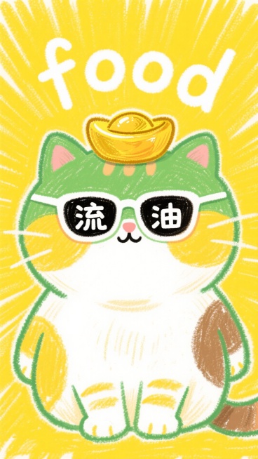 一只苹果绿描边的Q版卡通大肥猫正面（黄色+白色+棕色），头顶有个大大的金元宝，带着白色镜框的墨镜，镜片上分别写着"流"和"油"两个白色字。黄色背景（带有放射线），上面”food“预览效果