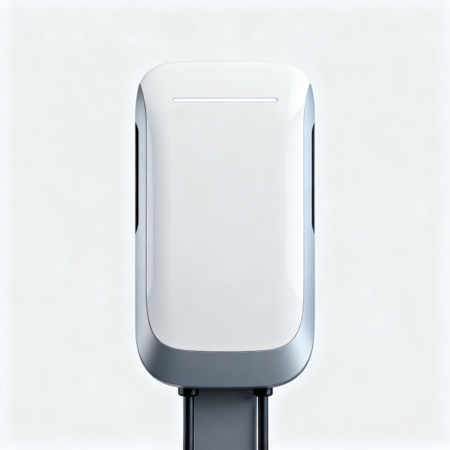 3D 工业产品渲染，超高速液冷超充充电桩，极简对称造型，轻奢商务风，一体曲面机身，哑光皓月白 + 浅灰撞色，隐藏式出线设计，窄条氛围灯带，无屏幕极简面板，圆润边角，高级哑光磨砂材质，展示产品正面整体外预览效果