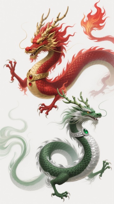 白色背景上，采用中国传统水墨风格与现代数字绘画结合的技法，生成两个造型完全不同的东方神龙系列素材集合，呈规整排布。第一条龙为威严的腾飞姿态，通体以朱红与金色为主色调，龙角尖锐如珊瑚，鬃毛与火焰状龙尾呈鲜红色并带有金色渐变，龙鳞为暗红色，腹部鳞片泛着金色光泽，龙爪锋利，颈部佩戴金色镶红宝石的环形饰品，整体气势磅礴，充满力量感。第二条龙为优雅的盘旋姿态，整体以翠绿与银色为主要色彩，龙角呈分枝状如青……预览效果