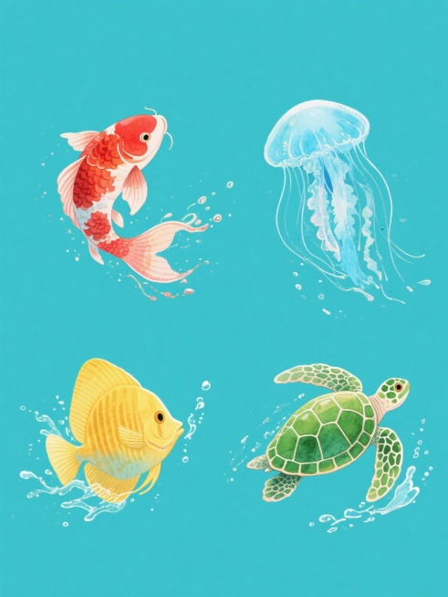 一系列四张水彩风格水生生物插画，每张均为纯色背景，整体色彩各不相同，保持水彩的透明晕染质感、灵动飘逸的笔触、丰富的色彩渐变和细腻的光影层次，画面元素为不同种类的水生生物，分别是红色锦鲤、蓝色水母、黄色热带鱼、绿色海龟，它们姿态优雅，带有飞溅的水花效果，四张插画规整排布，形成统一风格的系列素材集合。预览效果