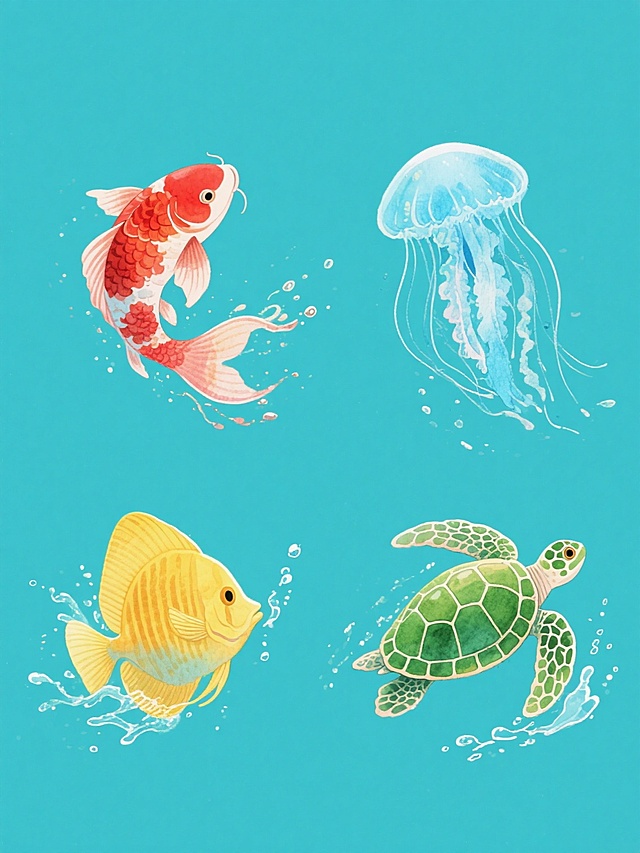 一系列四张水彩风格水生生物插画，每张均为纯色背景，整体色彩各不相同，保持水彩的透明晕染质感、灵动飘逸的笔触、丰富的色彩渐变和细腻的光影层次，画面元素为不同种类的水生生物，分别是红色锦鲤、蓝色水母、黄色热带鱼、绿色海龟，它们姿态优雅，带有飞溅的水花效果，四张插画规整排布，形成统一风格的系列素材集合。