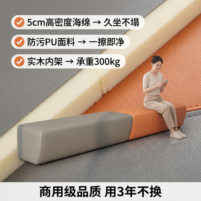 [主图-4]核心卖点展示长条换鞋凳沙发。背景为海绵厚度和面料纹理的特写图。分三行左对齐排列卖点标签，每行占1/3画面，✅使用橙色圆底白色对勾：第一行"✅5cm高密度海绵 → 久坐不塌"，第二行"✅防污预览效果