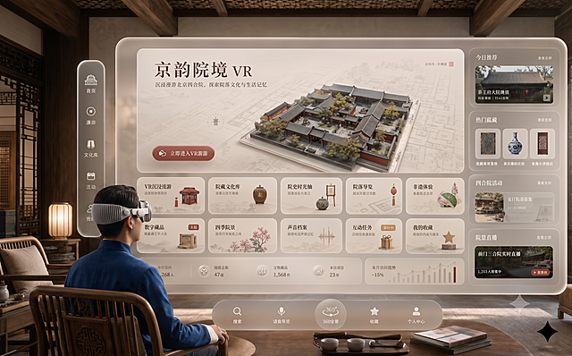 基于该京韵院境VR界面图生成该VR产品的实际体验场景展示，保留界面上的所有文字信息，展示在中式复古客厅的VR设备屏幕上，呈现出沉浸体验北京四合院的效果
